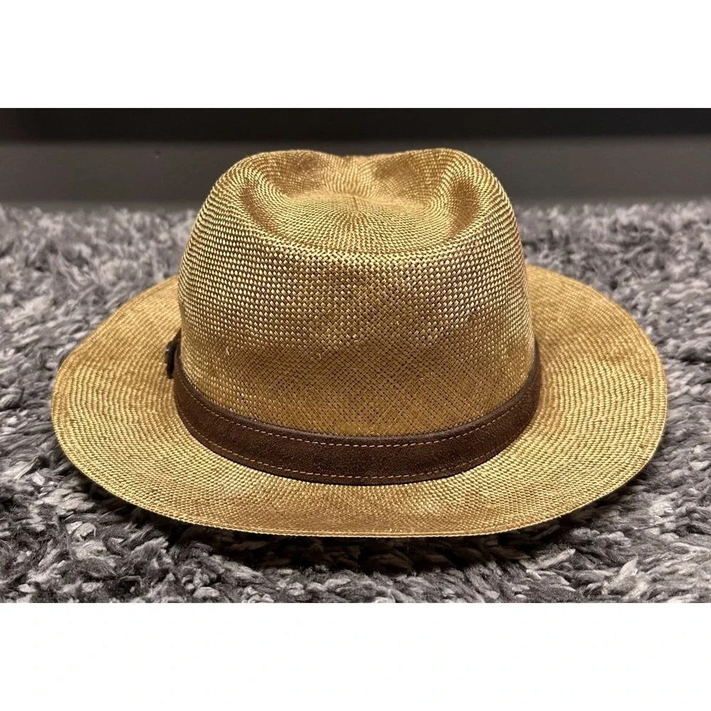 Borsalino Fedora Hat Mens 7 1/2 Beige Genuine Straw Suede Band Italy Classic